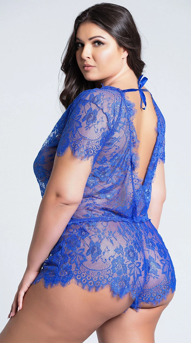 Plus Size Bold In Blue Eyelash Lace Romper 5 Plus Size Bold In Blue Eyelash Lace Romper - Image 3