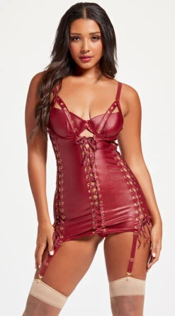Faux Leather Lace-Up Chemise Set 7 Faux Leather Lace-Up Chemise Set -Lingerie Shop ST 11492 WINE F 2023MAY
