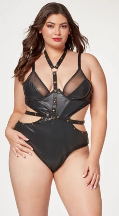 Plus Size Faux Leather And Mesh Teddy And Harness Set